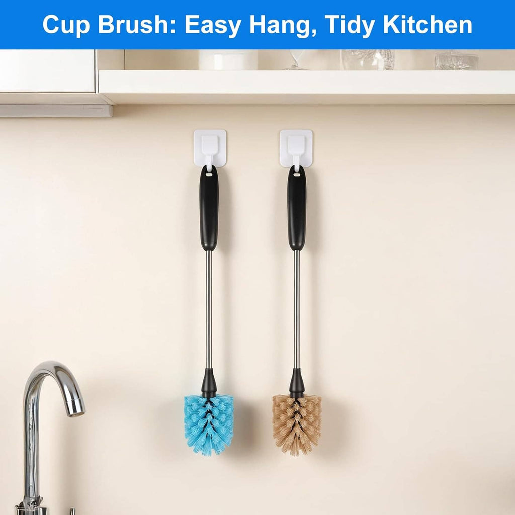 Hanging bottle cleaning cup brush set on hooks, featuring blue and tan bristle heads