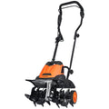 Corded electric garden tiller with orange motor housing, black tines, and front wheel