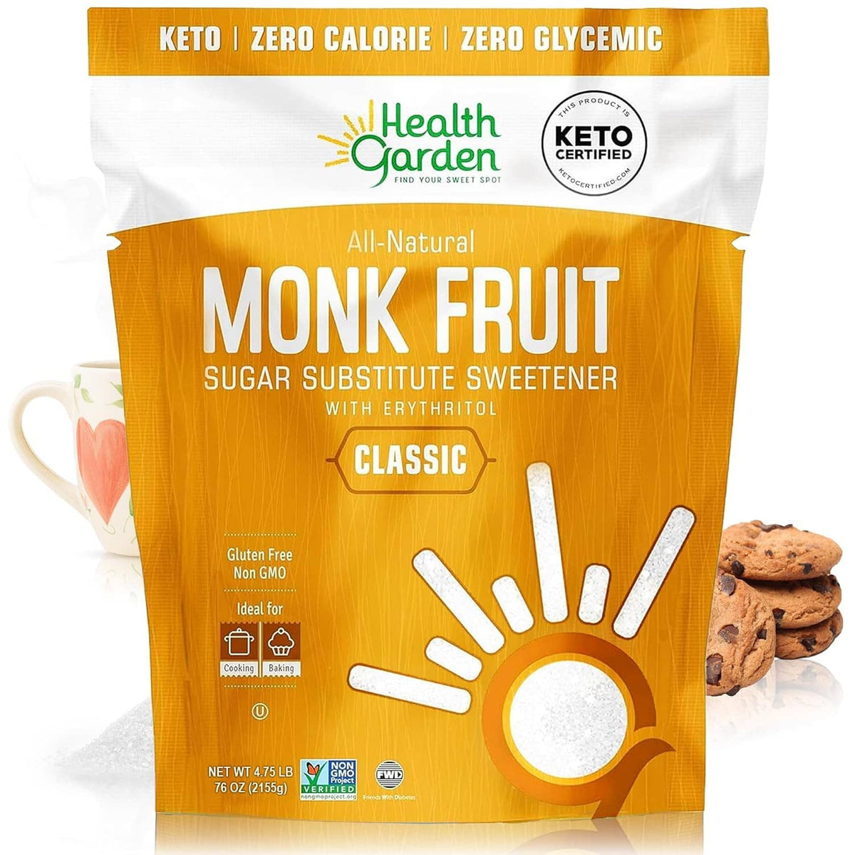 Health Garden Monk Fruit sugar substitute sweetener bag, Classic flavor, front view