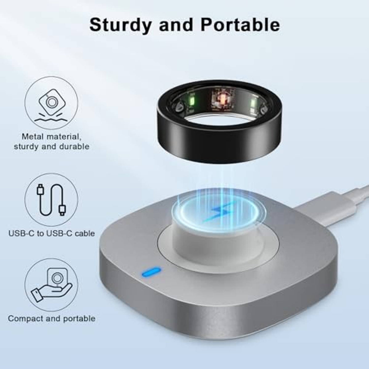 Grey compact ring charger dock with black cradle and USB-C to USB-C cable