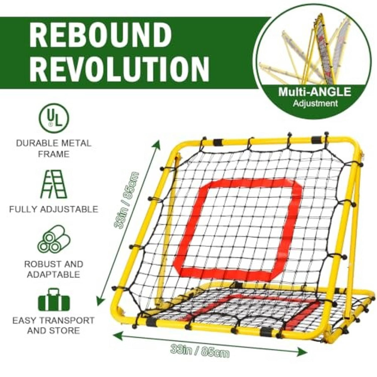 Yellow adjustable rebounder frame with black mesh net and red square target