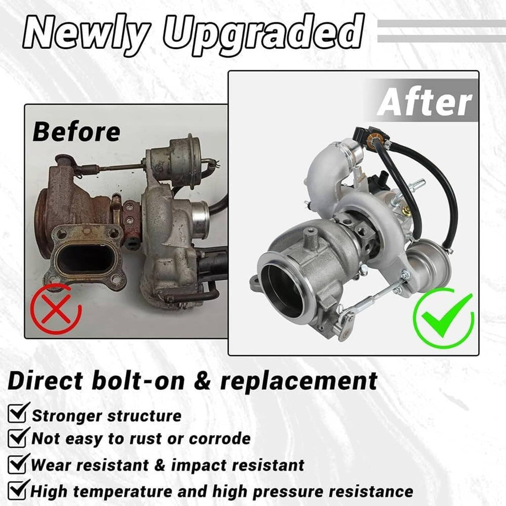 Turbocharger assembly with silver housing and black hoses, packaged for direct replacement