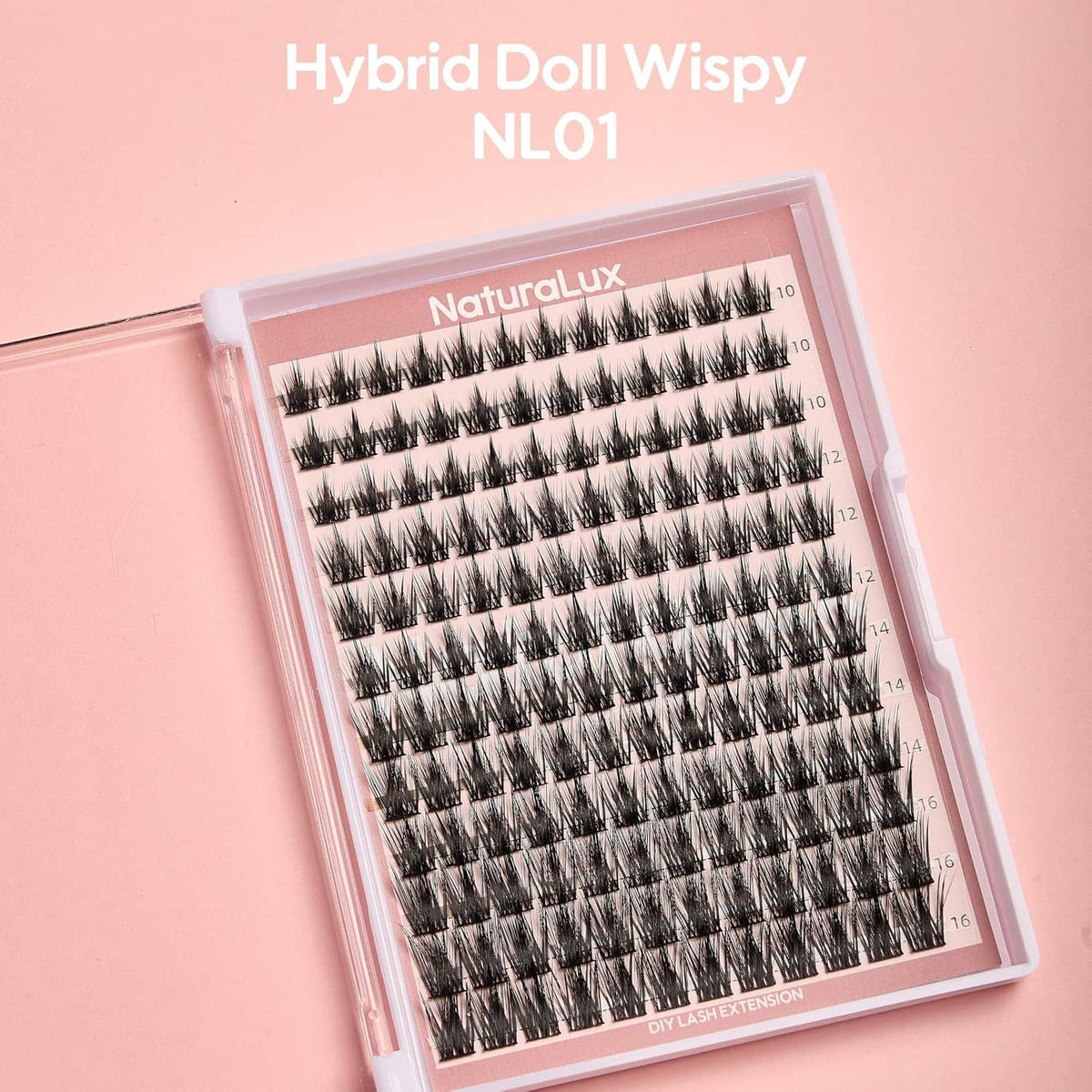 Wispy false eyelash strip set in a clear pink case, full tray view