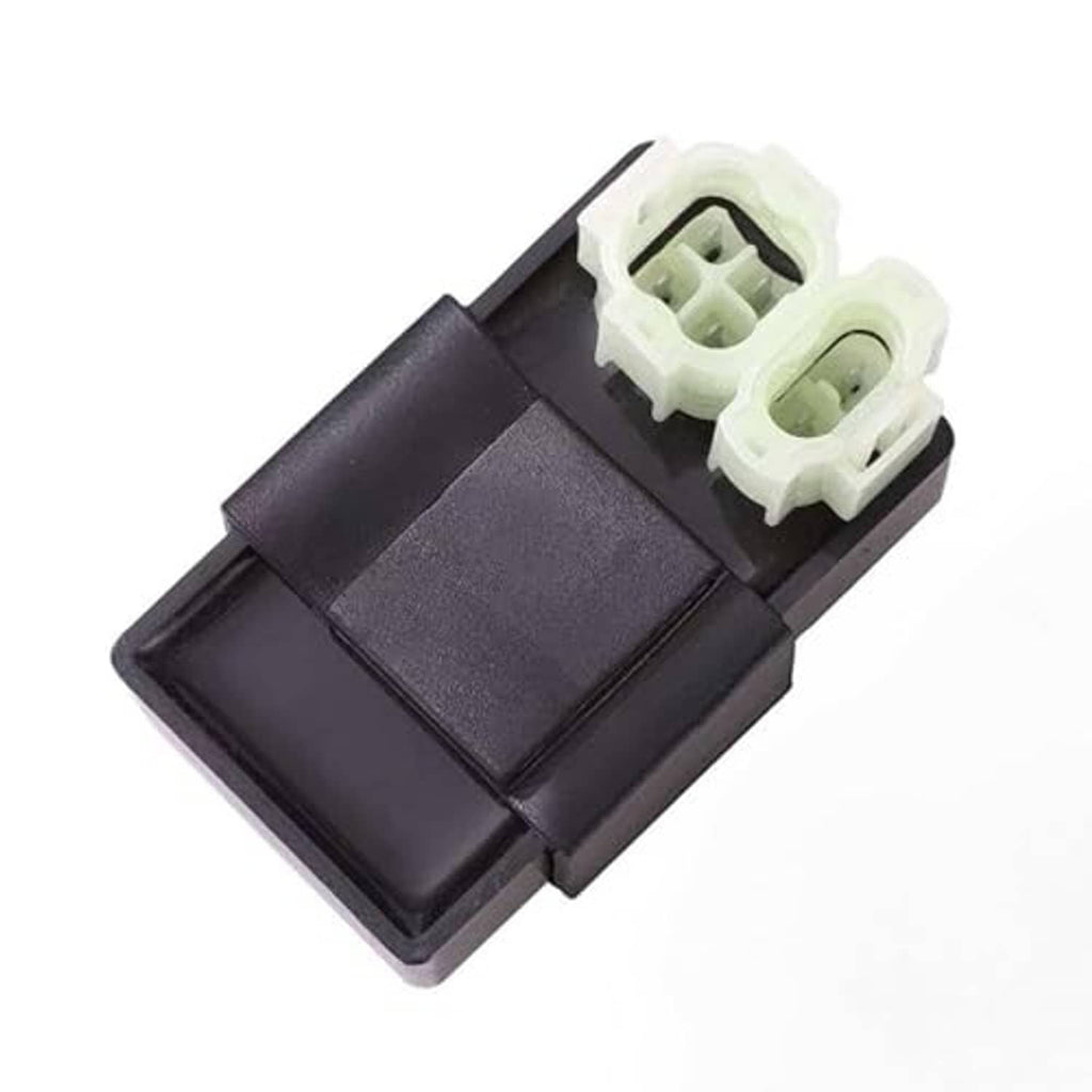 Black CDI ignition box with white connector plugs, angled product view