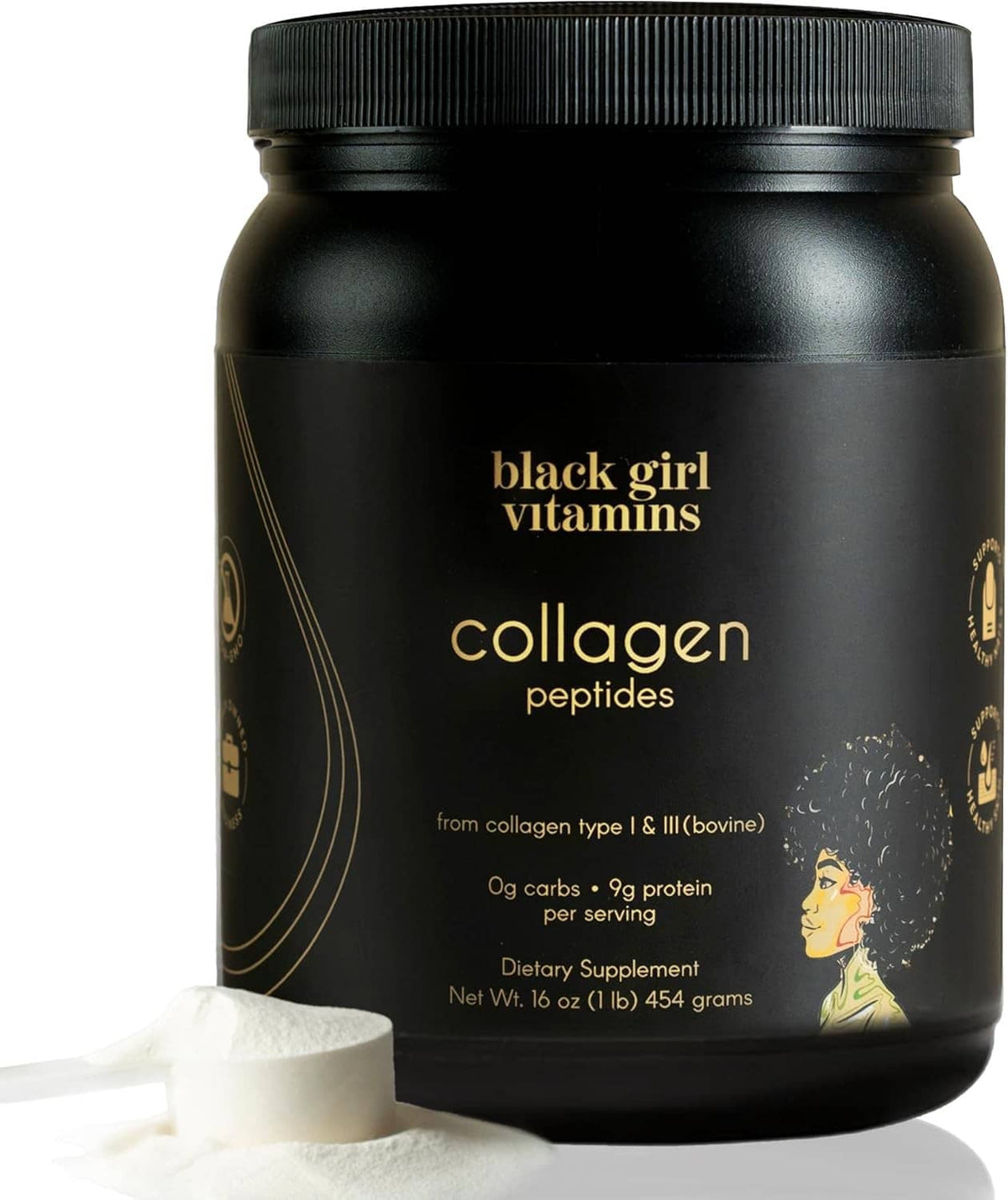 Black Girl Vitamins collagen peptides powder jar with black lid