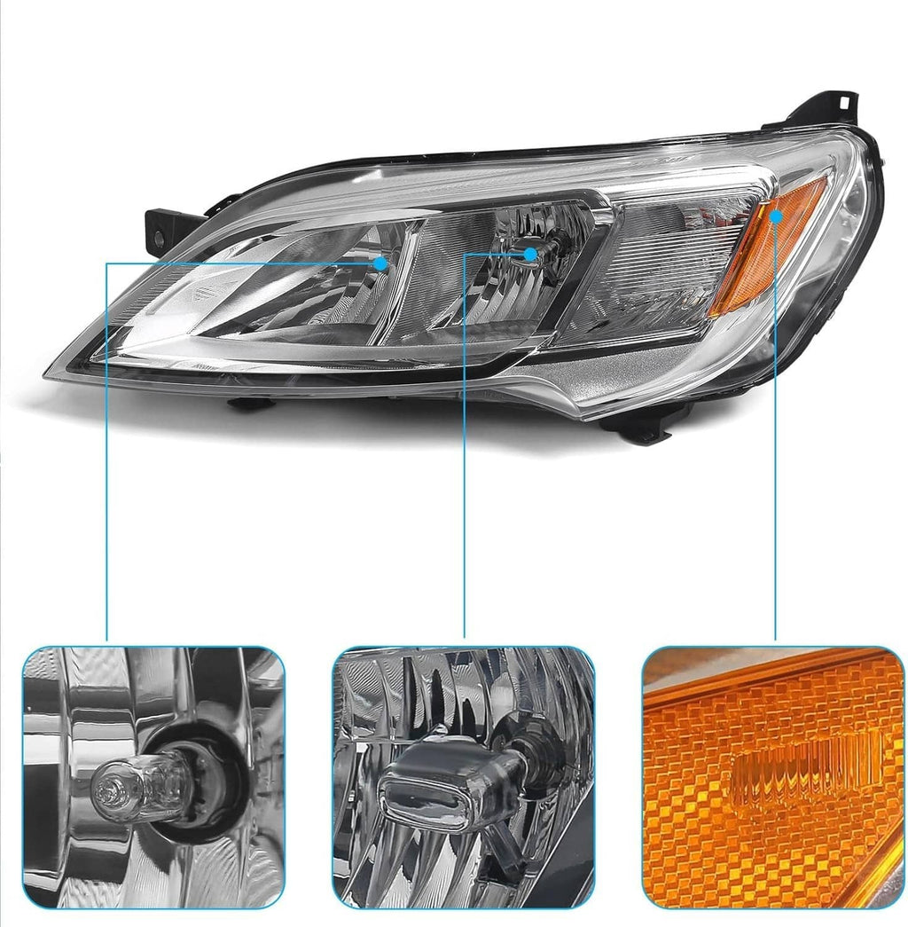 Left halogen headlight lens detail with amber section and clear reflector, close-up angle