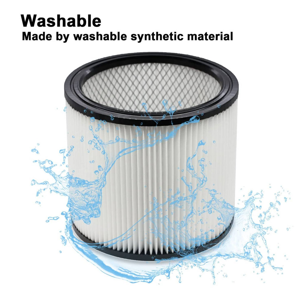 Washable white pleated vacuum filter with black top ring and water splash effect