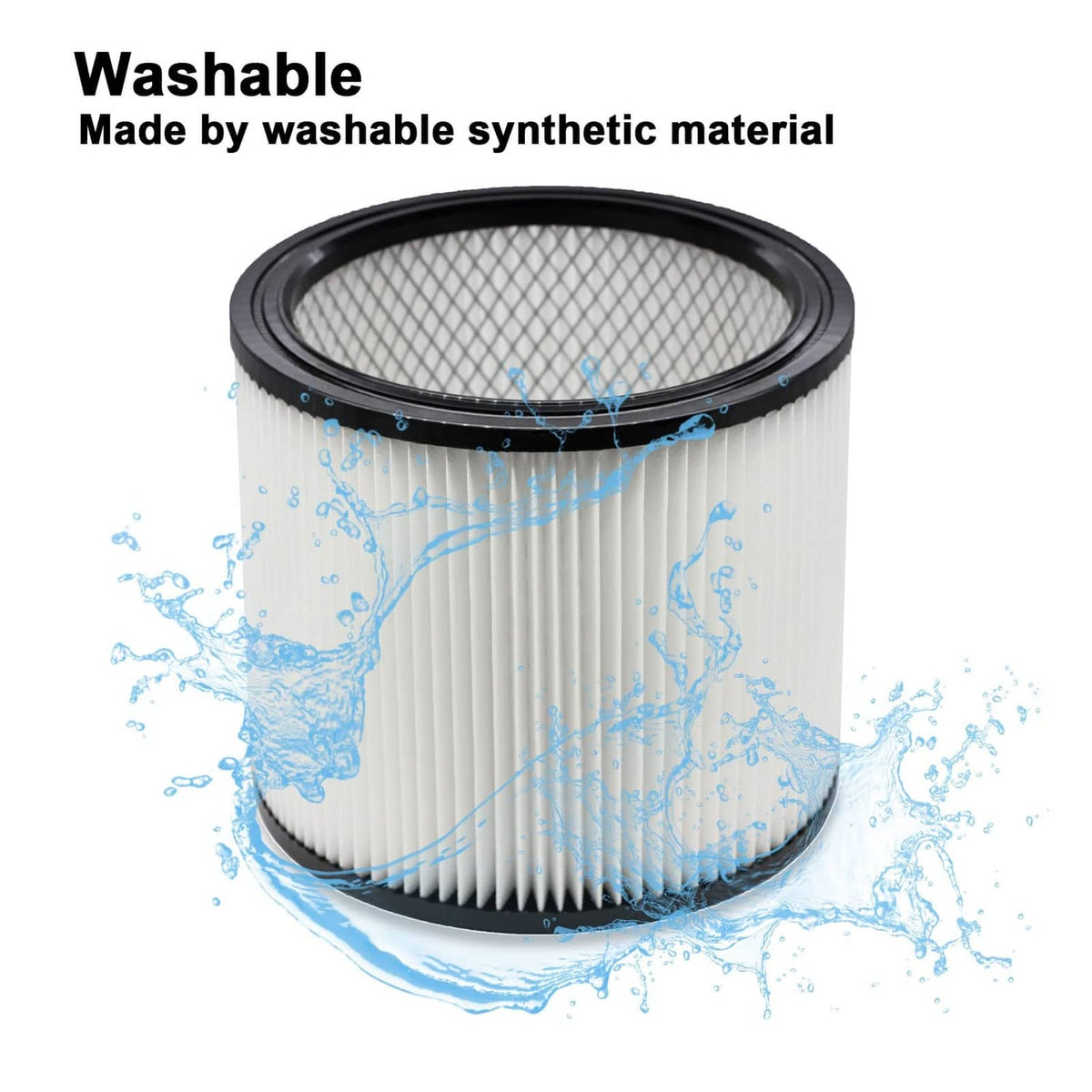 Washable white pleated vacuum filter with black top ring and water splash effect
