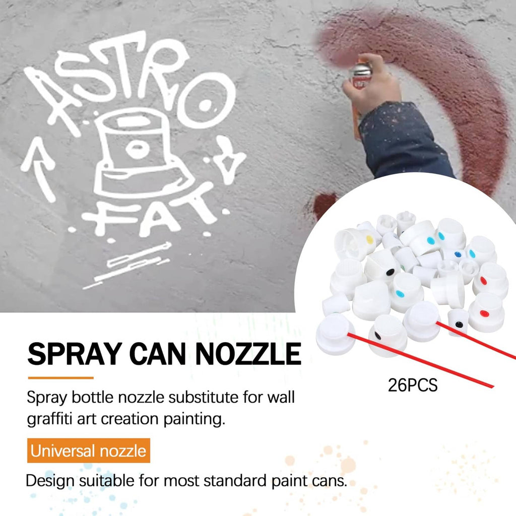 Spray can nozzle cap set with colored valve inserts shown in a grouped pile