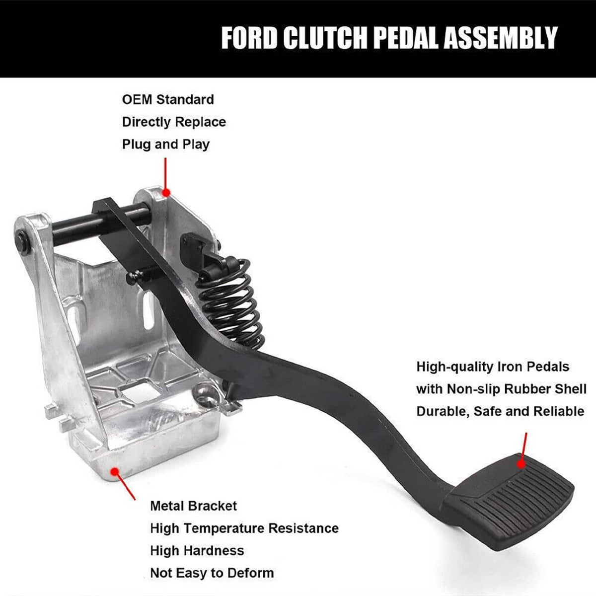 Clutch pedal assembly with black rubber foot pad, metal bracket, and coiled spring
