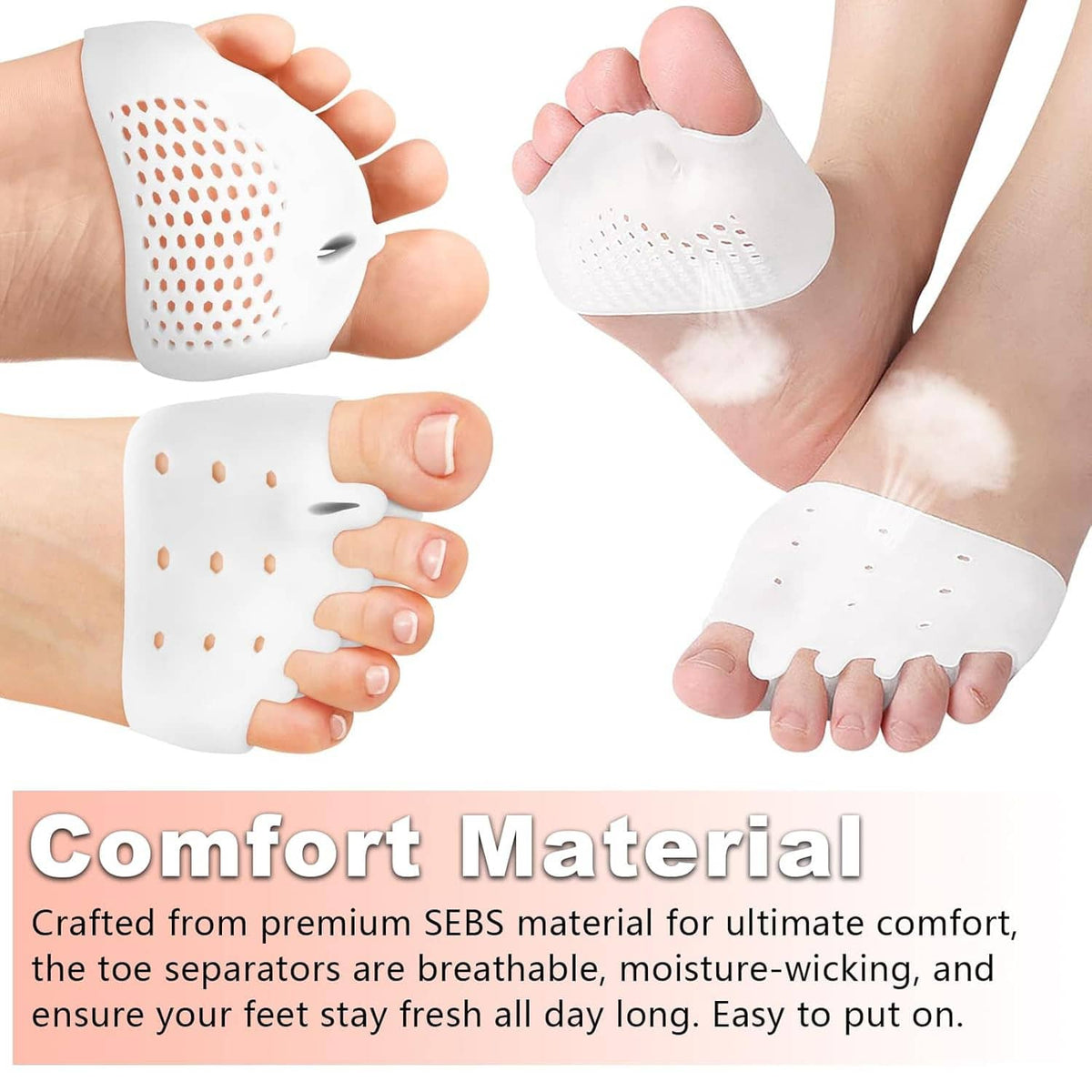 White silicone toe separators with perforated pads, shown worn on toes.