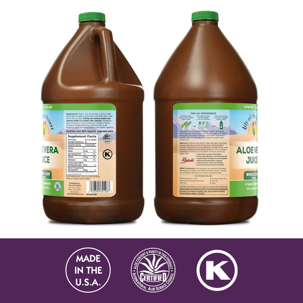 Brown aloe vera juice jugs with green caps and front labels