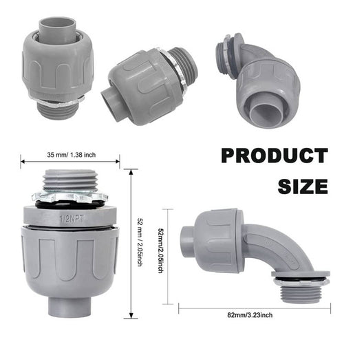 Gray PVC liquid-tight conduit connectors with threaded ends and angled elbow shape