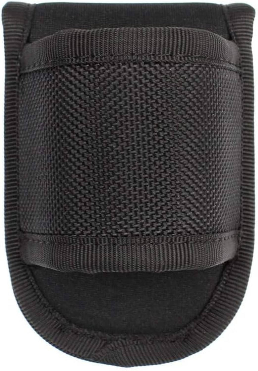 Black open-top flashlight pouch with stitched elastic rim and belt loop tabs
