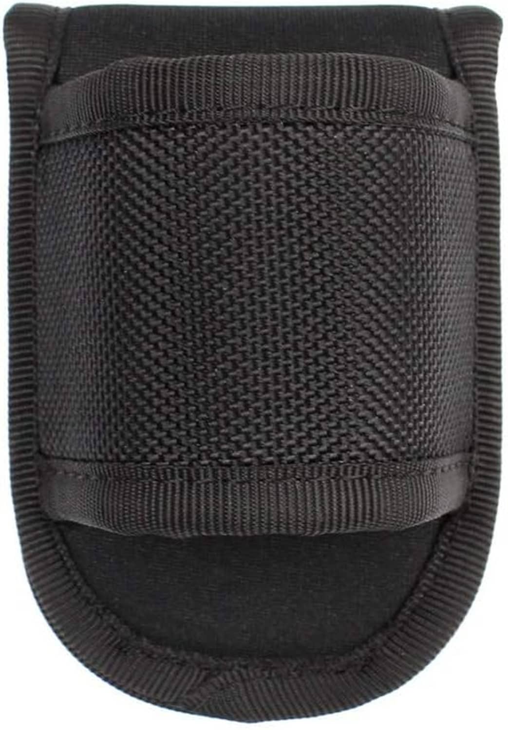 Black open-top flashlight pouch with stitched elastic rim and belt loop tabs