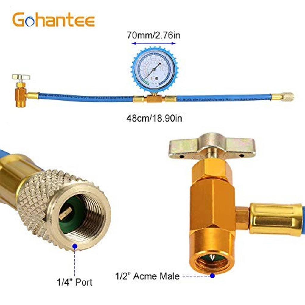 Refrigerant charging hose kit with pressure gauge, brass valve, and threaded hose ports