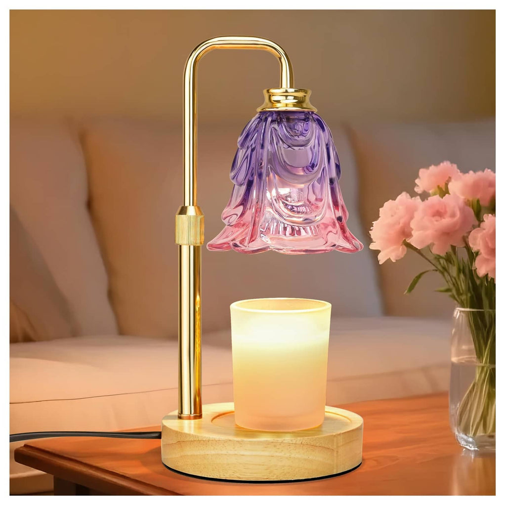 Lavender flower glass candle warmer lamp with gold stem and wooden base