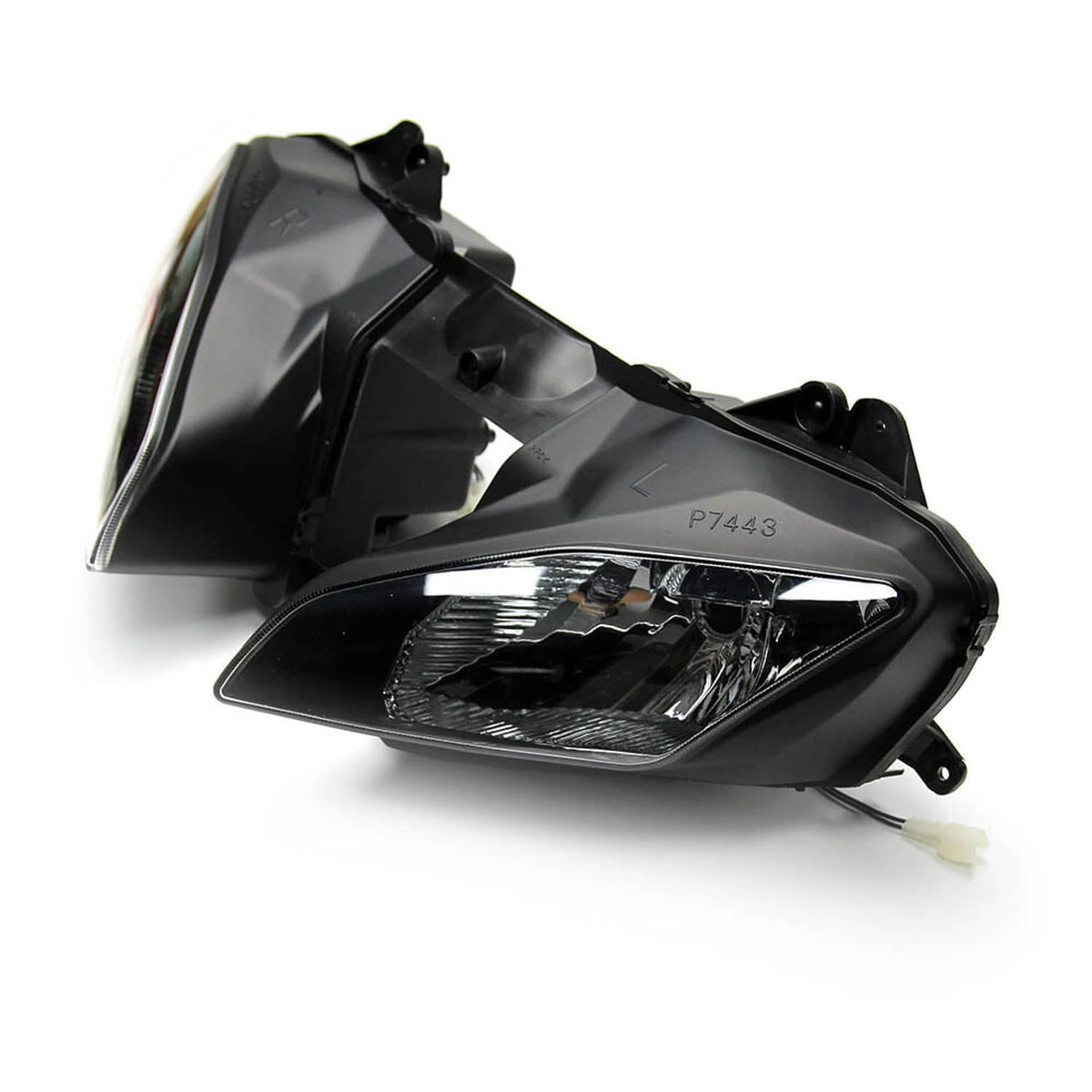 Motorcycle front headlight with upper fairing stay bracket, black housing and clear lens