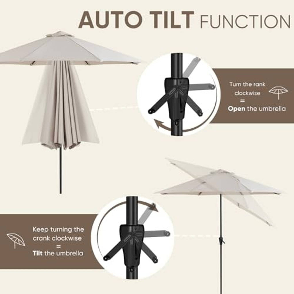 Auto-tilt patio table umbrella with beige canopy shown adjusting