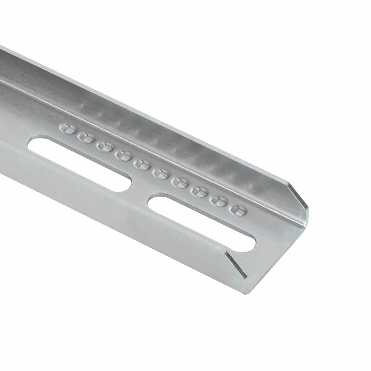 Galvanized bunk bracket with long slot and row of mounting holes on the metal plate