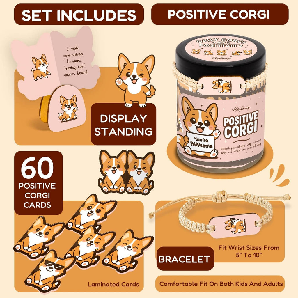 Positive corgi gift set with inspirational cards, bracelet, and storage jar