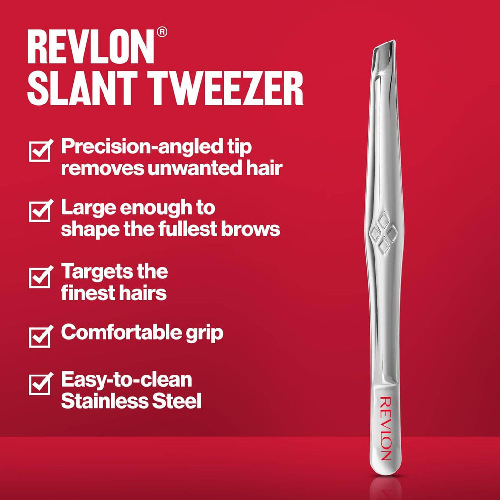 Revlon slant tweezer with precision-angled tip and comfortable grip, silver metal