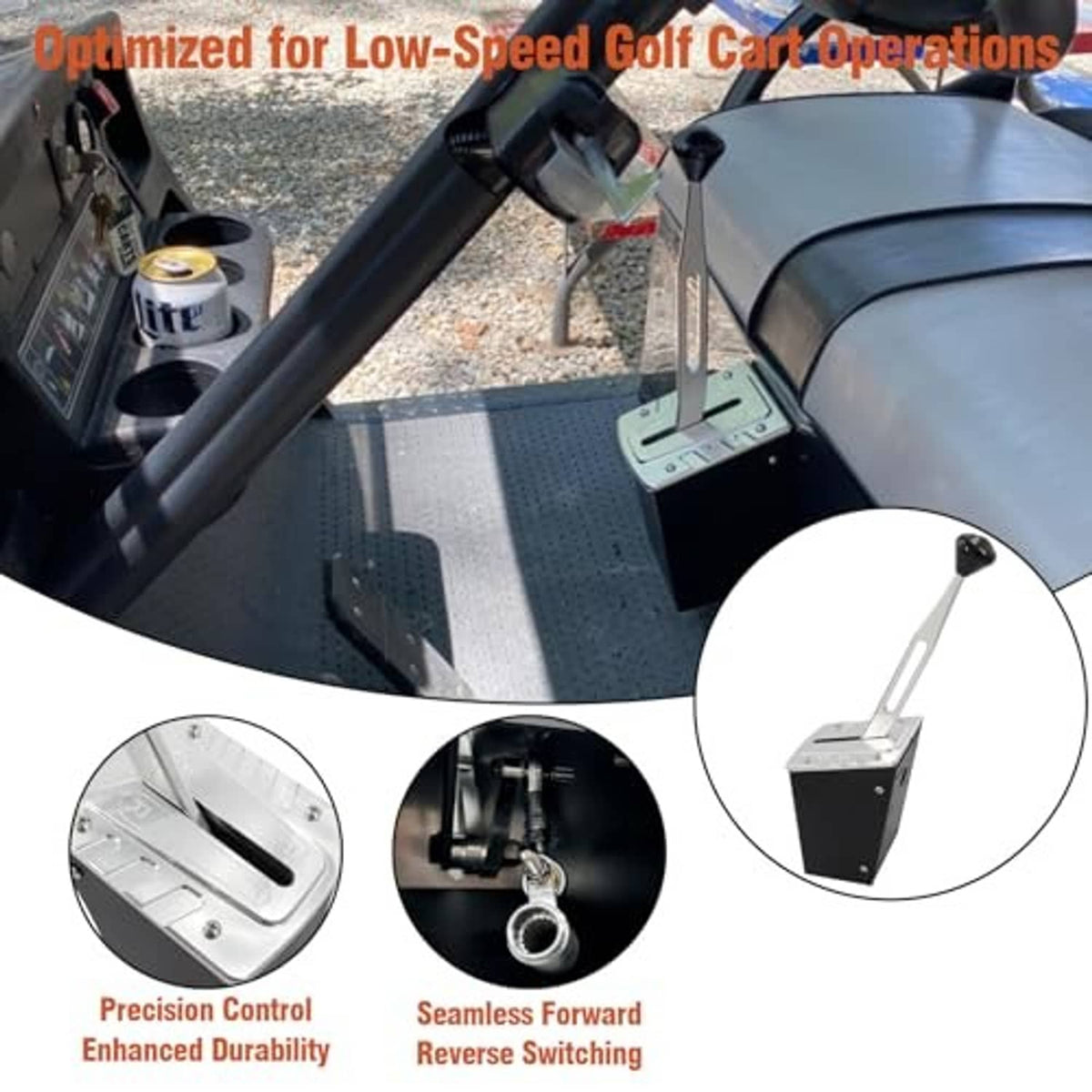 Golf cart forward-reverse shifter assembly on seat area, silver lever and black base