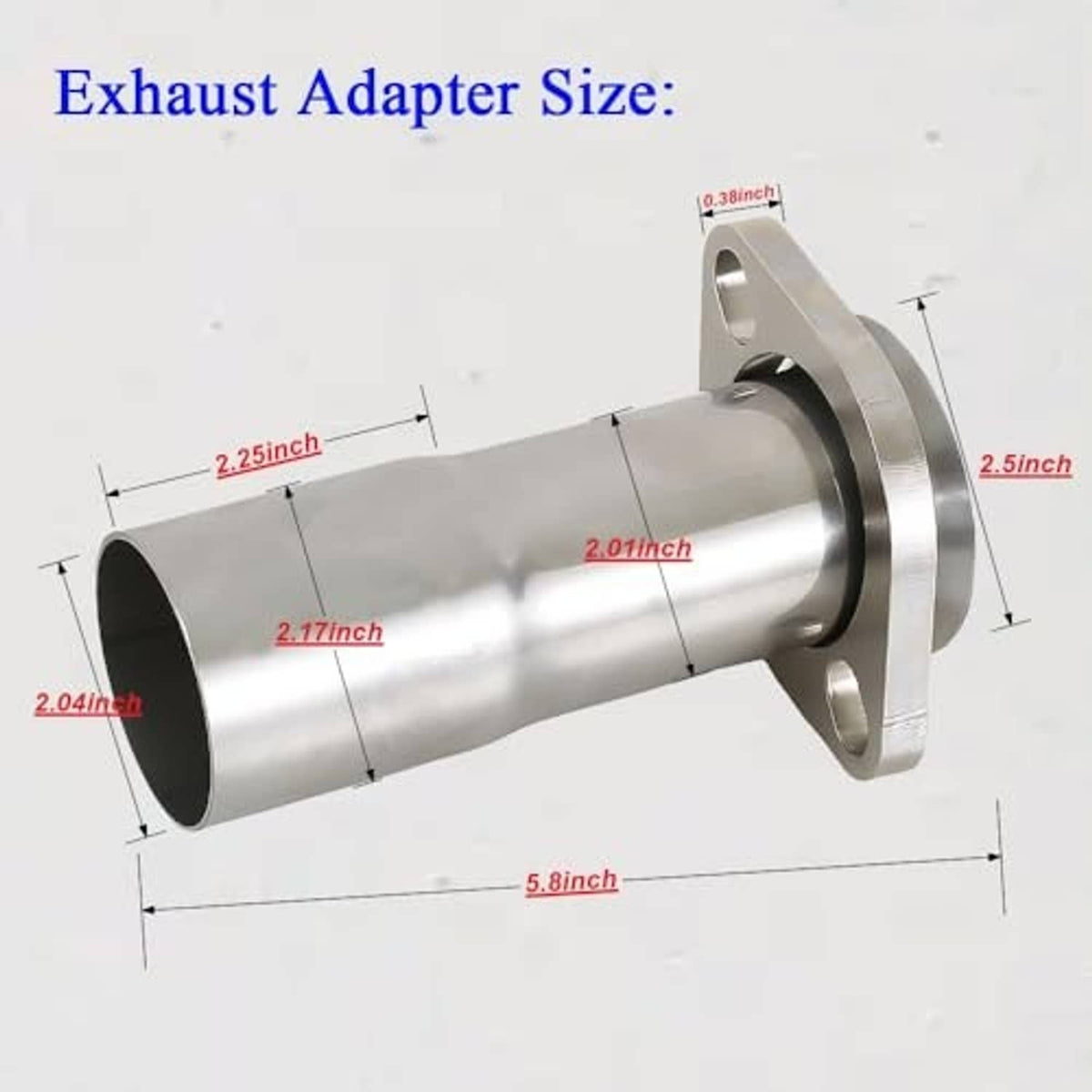 Exhaust adapter reducer size diagram showing inlet, outlet, and flange