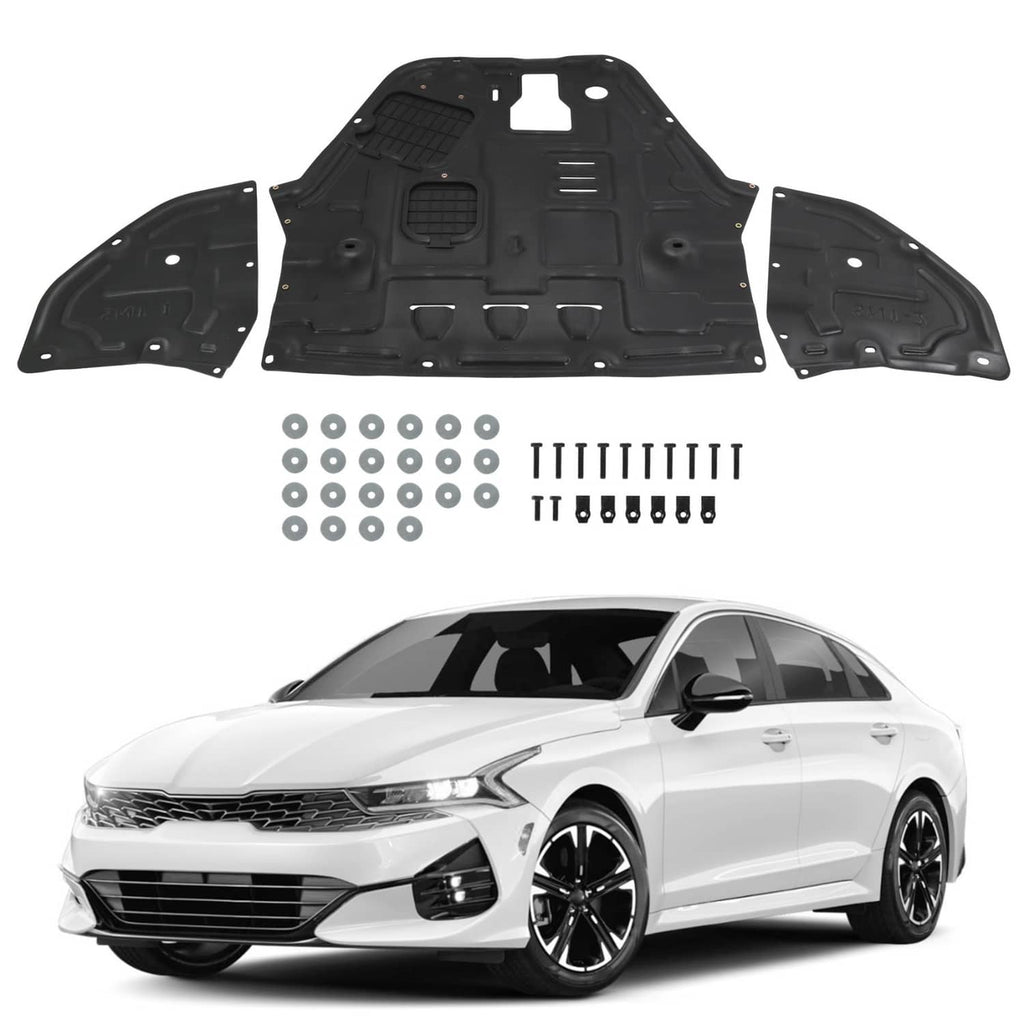 Black engine splash shield set with three panels and mounting hardware for KIA K5