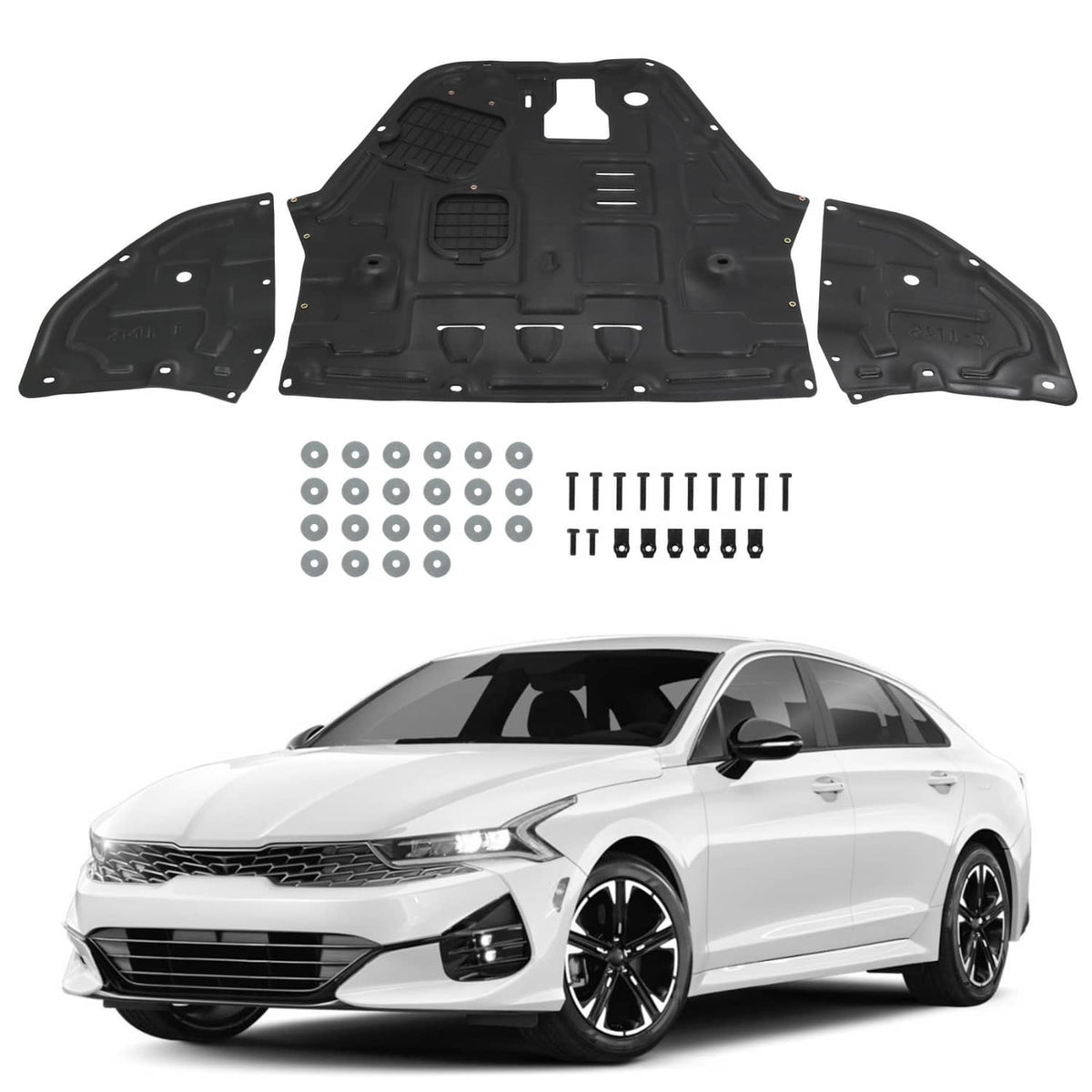 Black engine splash shield set with three panels and mounting hardware for KIA K5