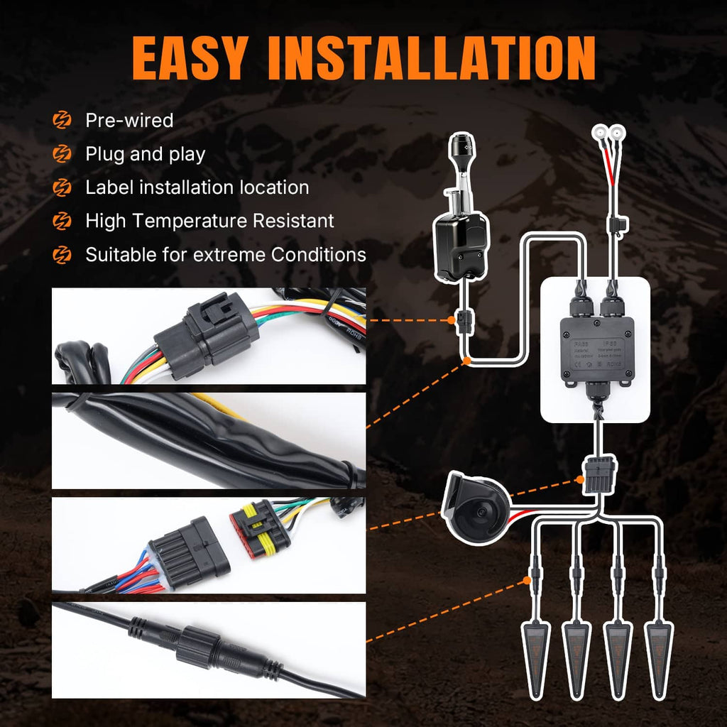 UTV turn signal installation diagram with wiring harness and plug-and-play controller