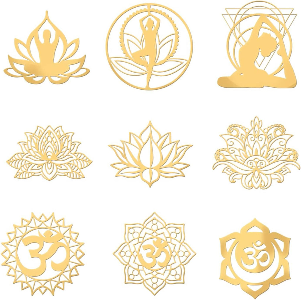 Golden brass yoga chakra sticker set featuring lotus and Om symbol designs