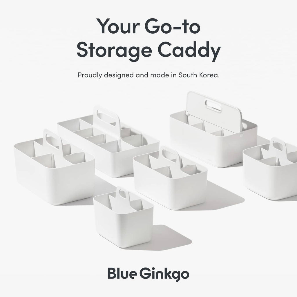 Blue Ginkgo long rectangle white storage caddy set with handle for organized compartments