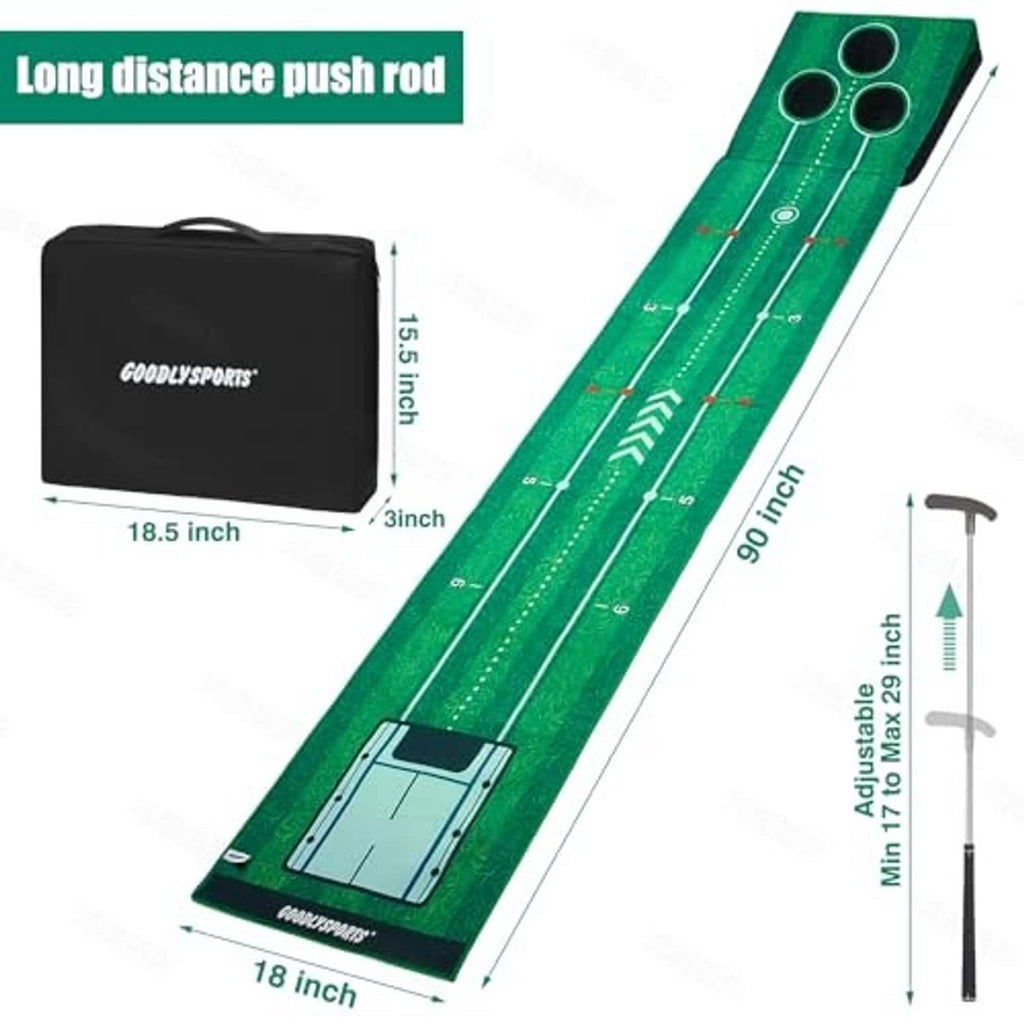 Green golf putting mat with built-in practice grid and carrying bag plus push rod