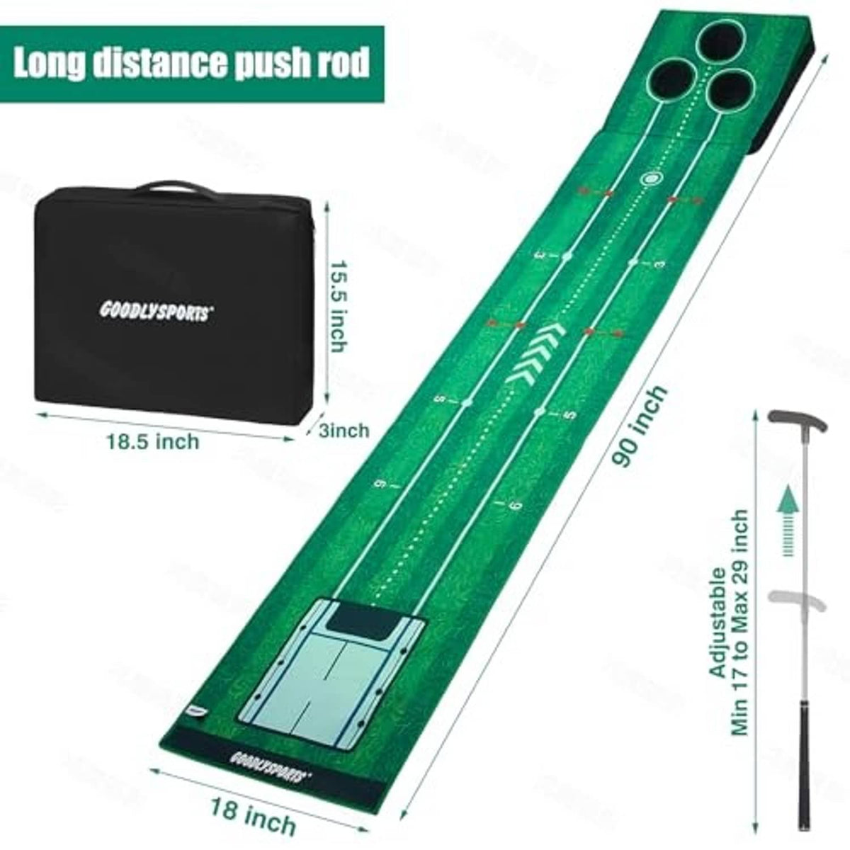 Green golf putting mat with built-in practice grid and carrying bag plus push rod