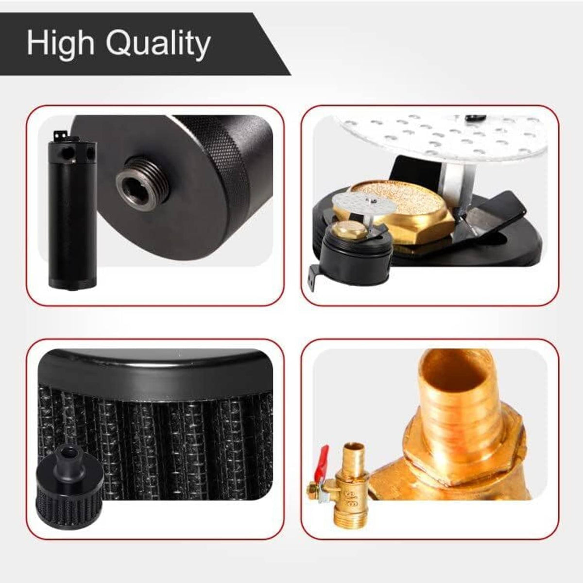 Black oil catch can components with pleated filter and brass drain fitting