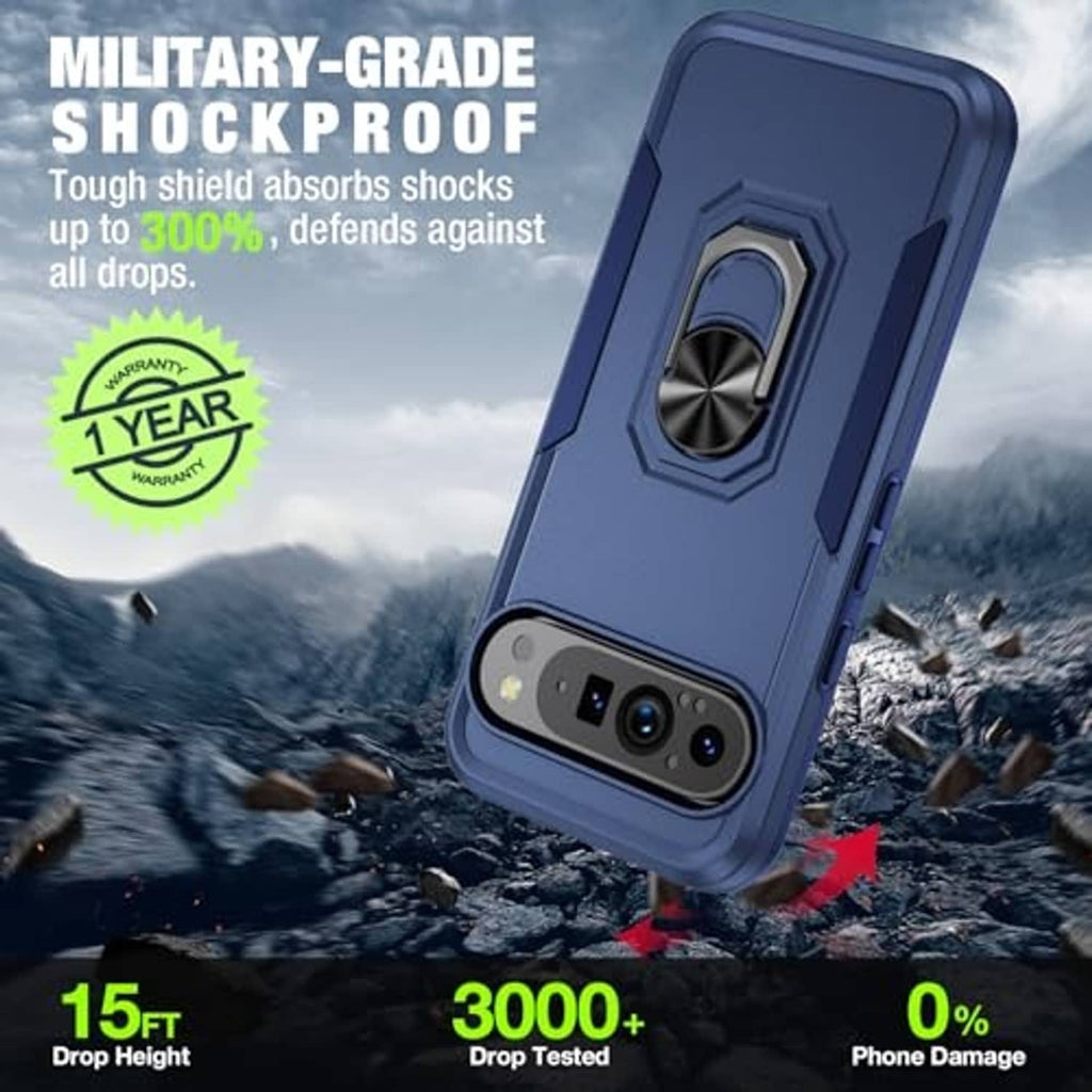Dark blue rugged phone case with metal ring kickstand on the back