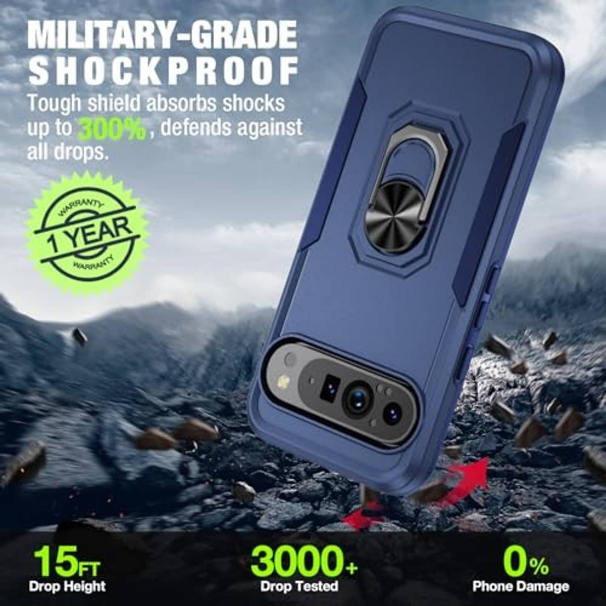 Dark blue rugged phone case with metal ring kickstand on the back