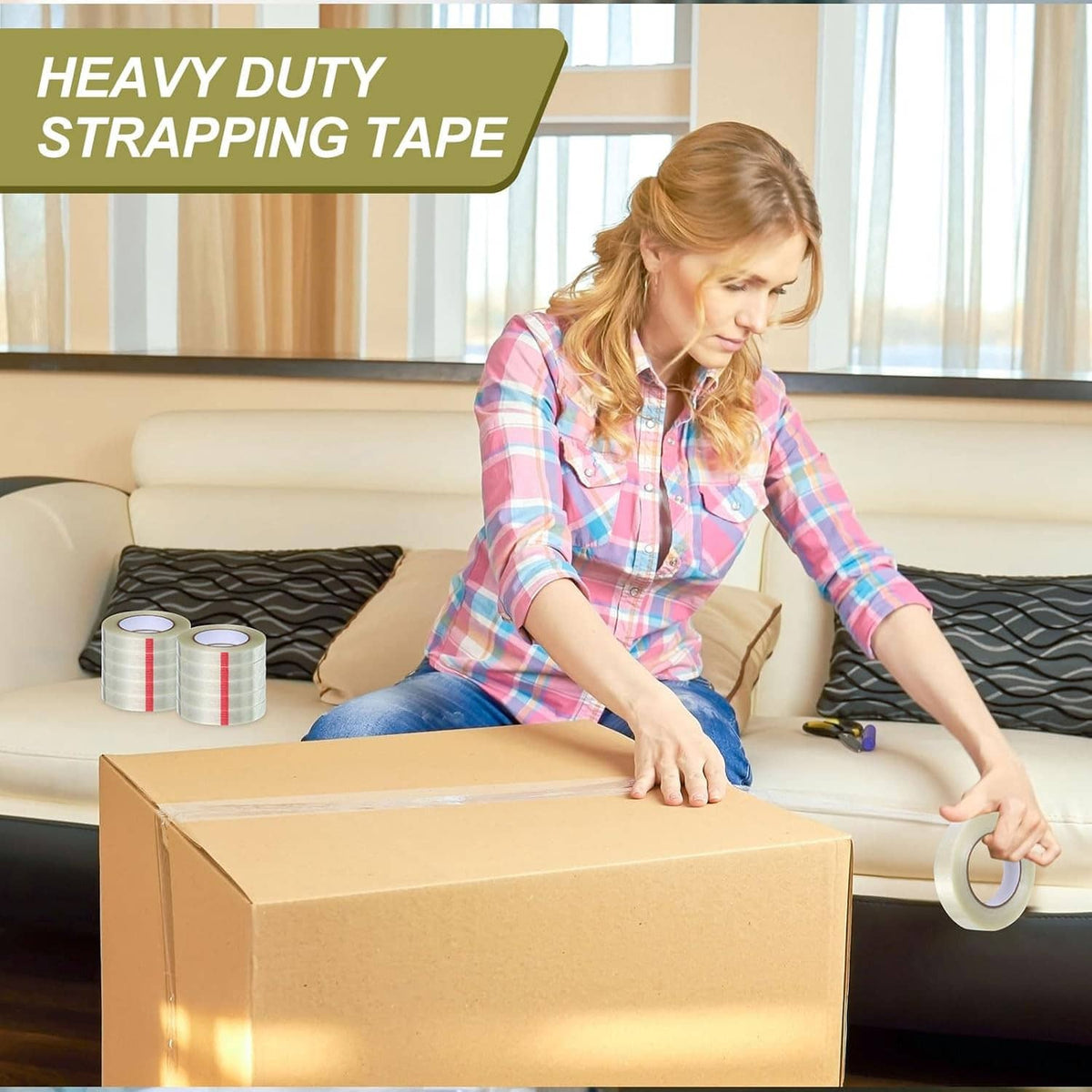 Heavy-duty strapping tape roll sealing a cardboard shipping box
