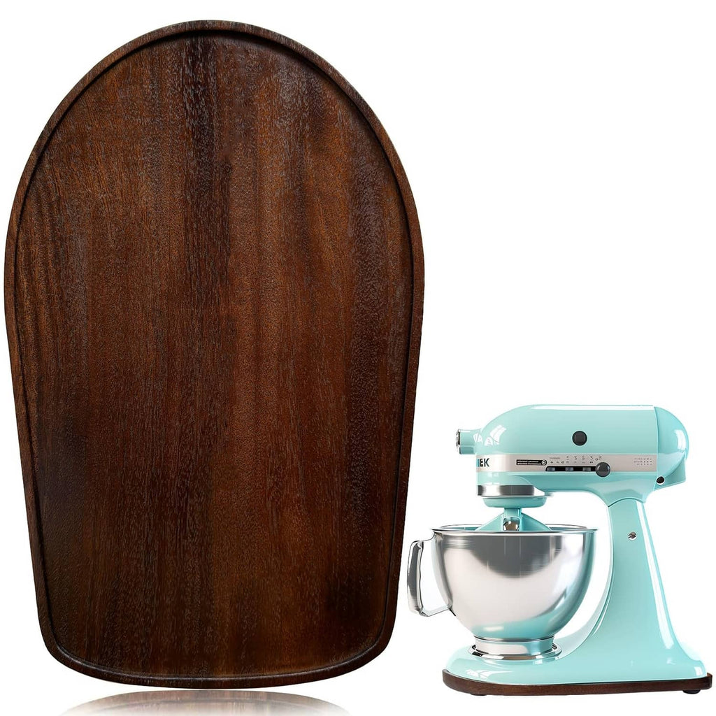 Arched walnut wood mixer slider mat with smooth rounded edges, no-slip underside