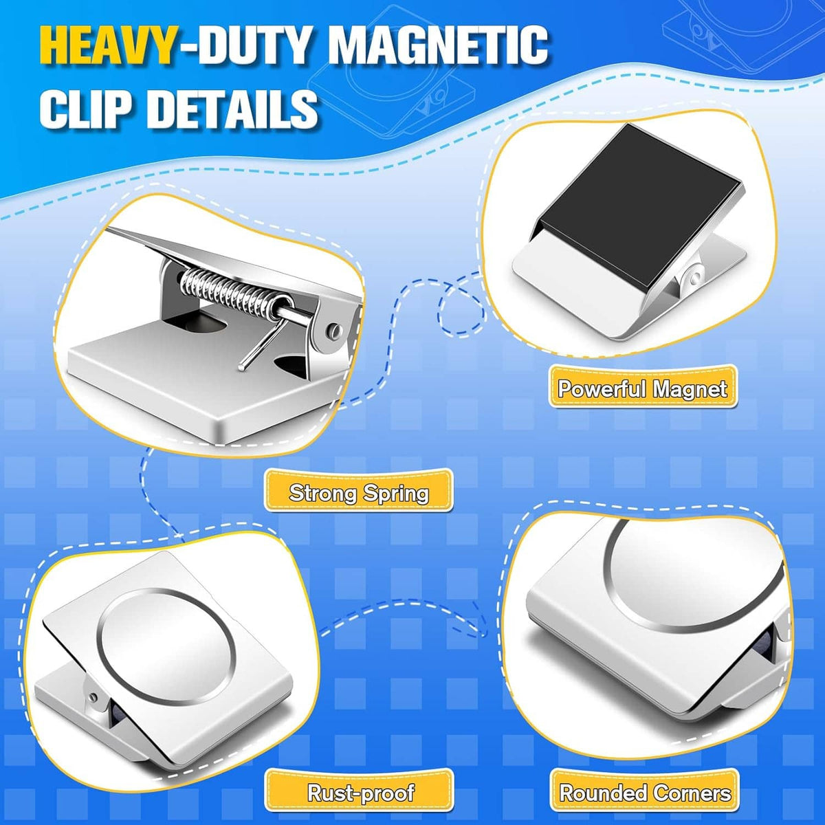 Heavy-duty magnetic clip details: spring mechanism and powerful magnet, silver