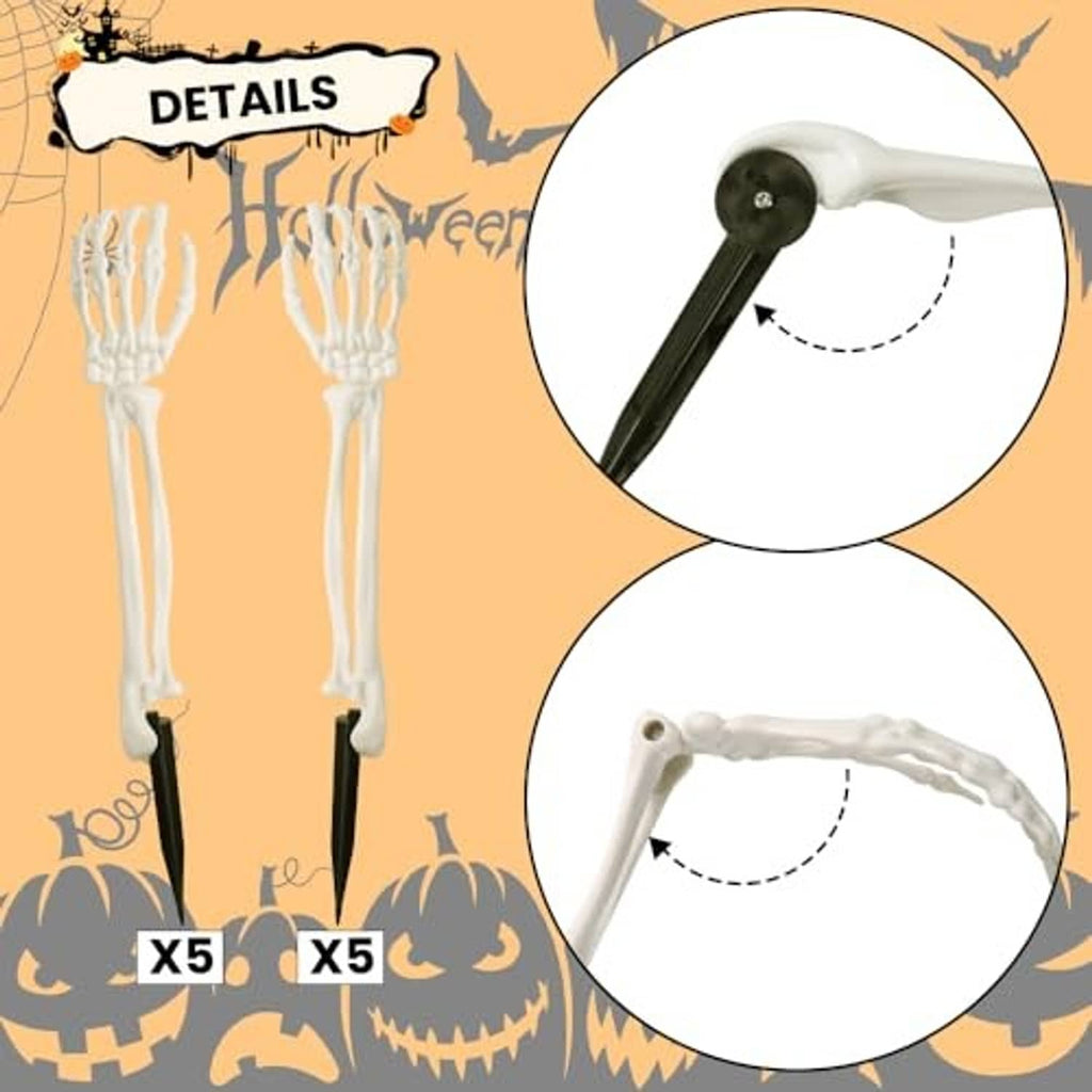 White realistic skeleton hand stake with black end stake, close-up insertion detail