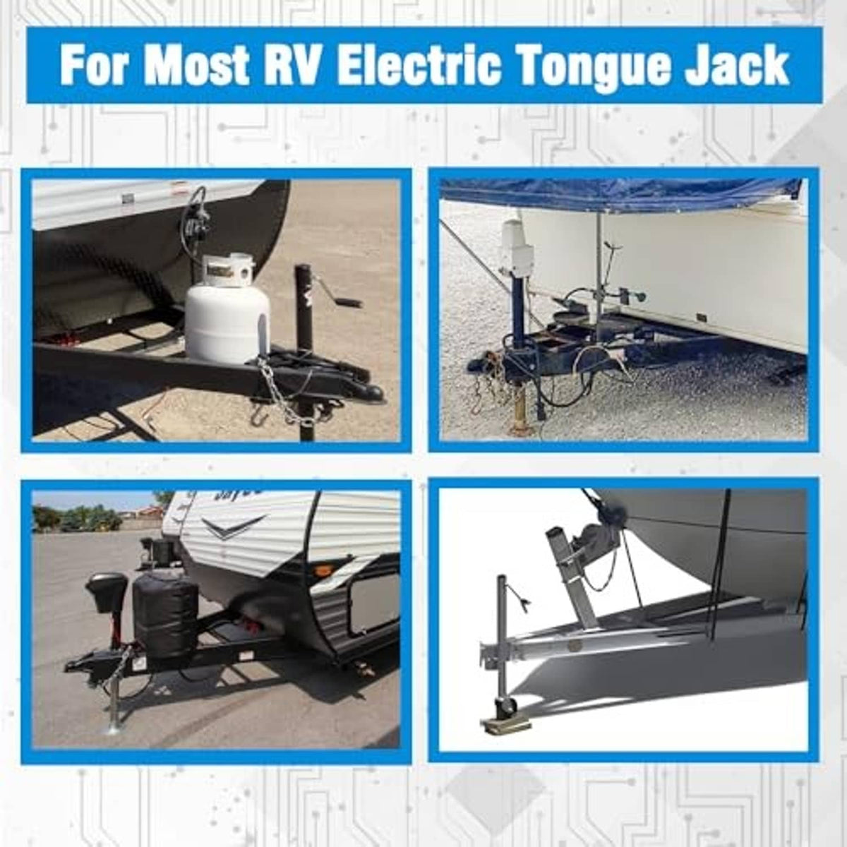 Black RV electric tongue jack cover shown installed on an RV trailer hitch