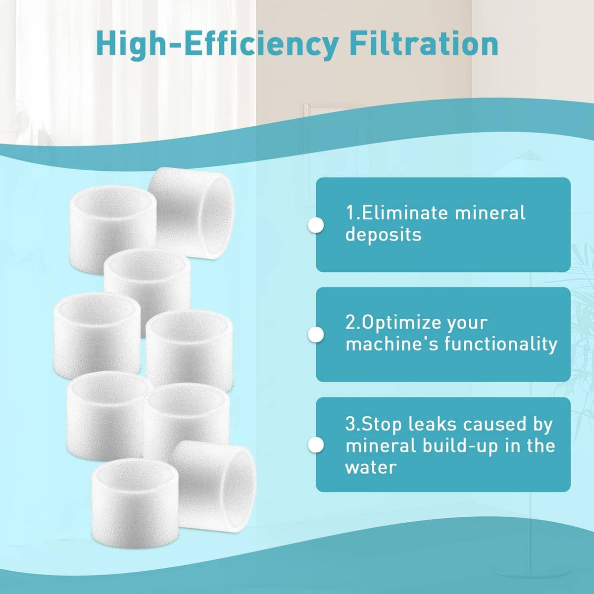 White foam humidifier filter cartridges for high-efficiency filtration, clustered