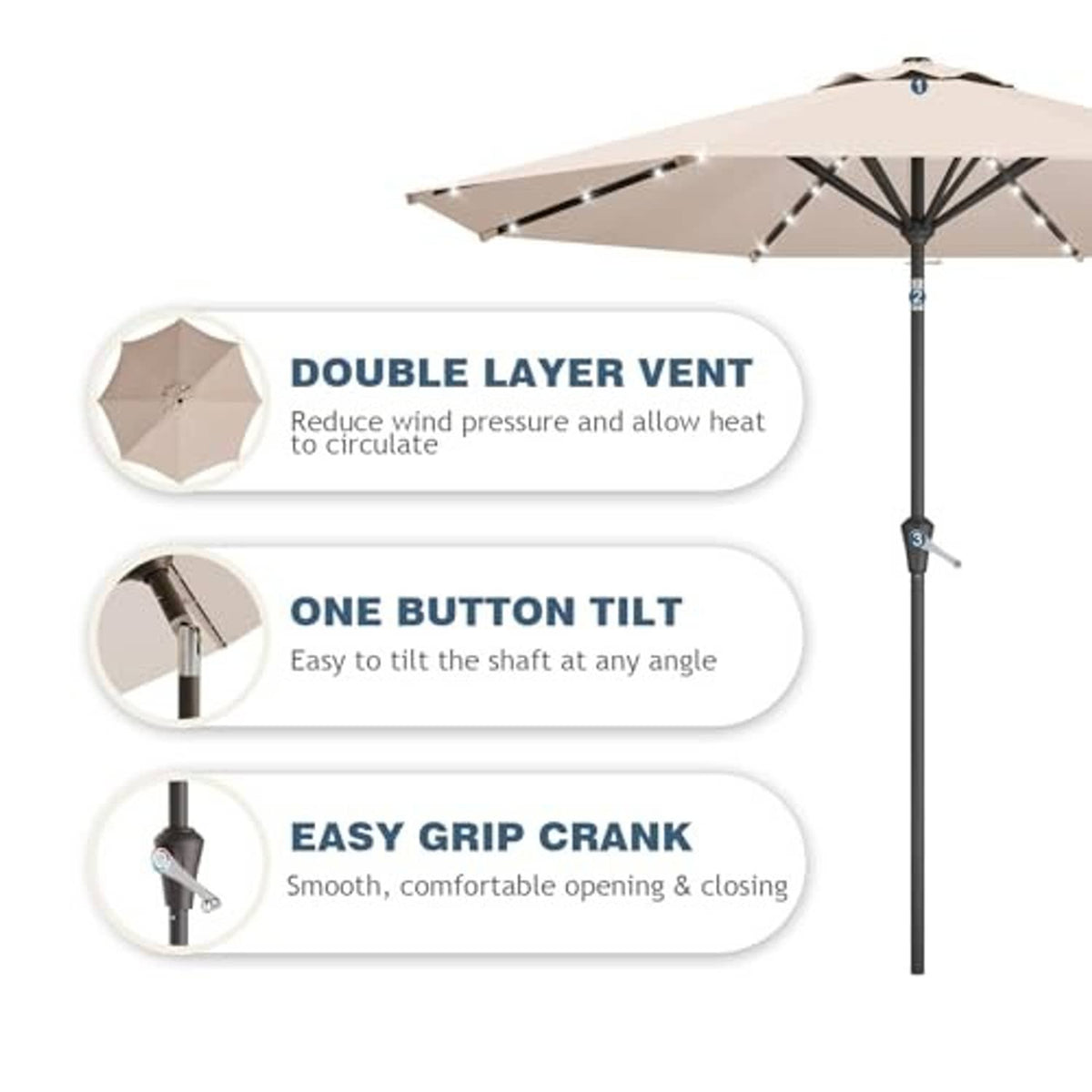 Beige patio umbrella with solar LED lights, tilt shaft and crank handle