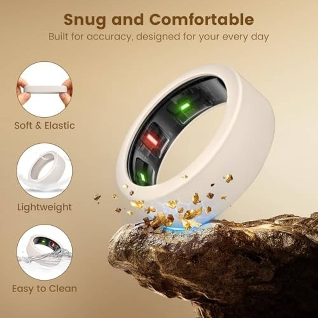 Ultra-thin ring cover with soft elastic fit and easy-to-clean design, shown with feature icons.