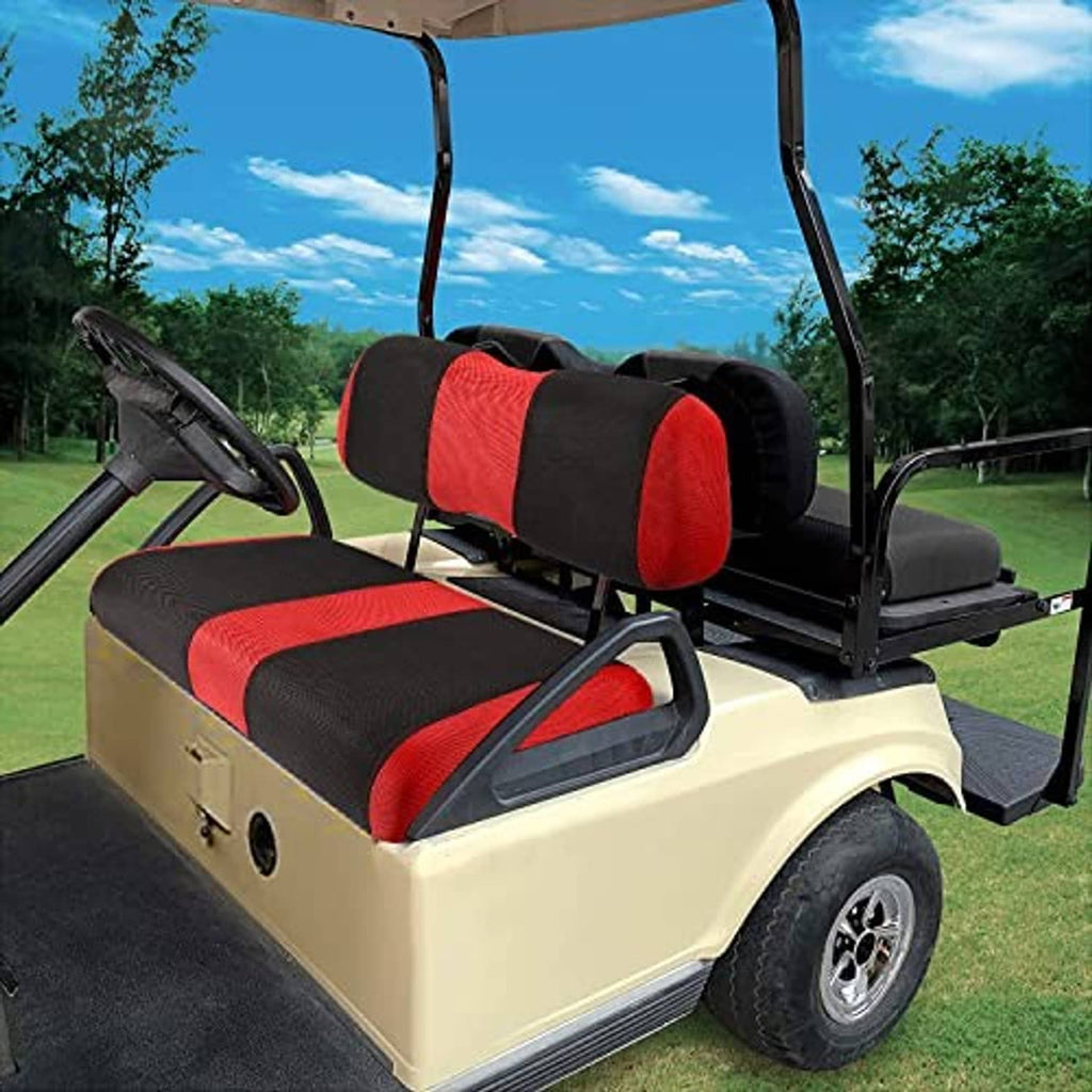Installed golf cart front seat covers: red-and-black cushions with padded headrest