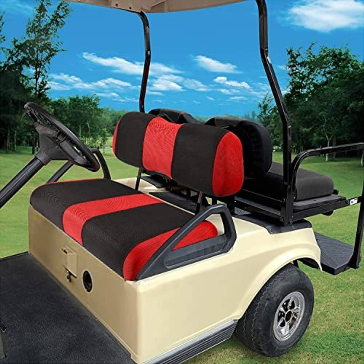 Installed golf cart front seat covers: red-and-black cushions with padded headrest