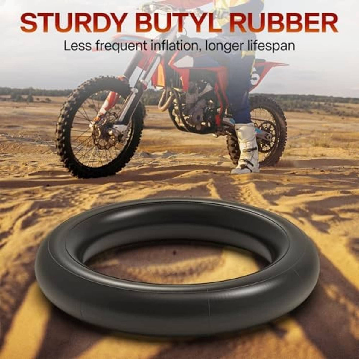 Black rubber inner tube, coiled loop for dirt bike wheels