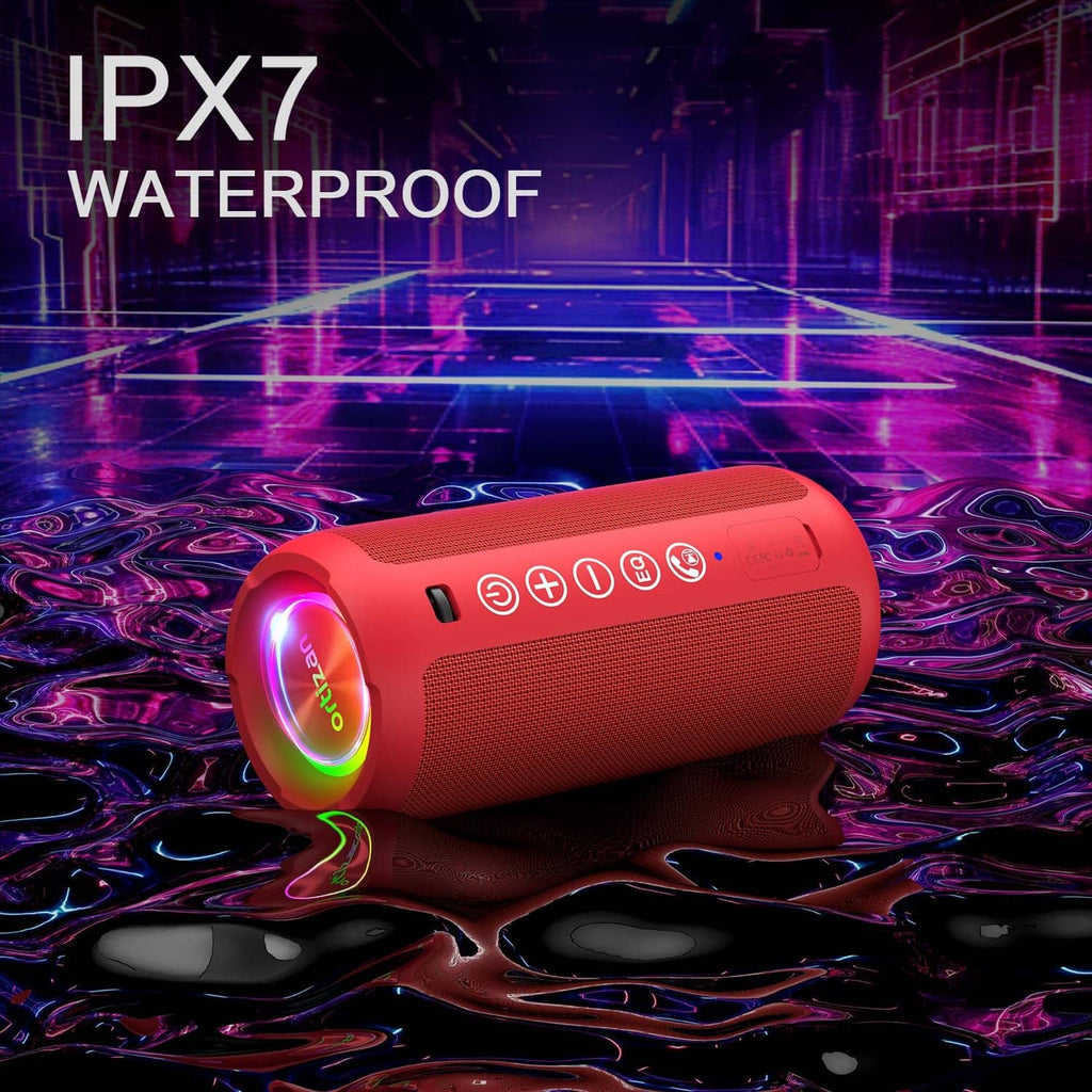 Ortizan portable Bluetooth speaker, red cylinder with glowing multi-color ring and buttons